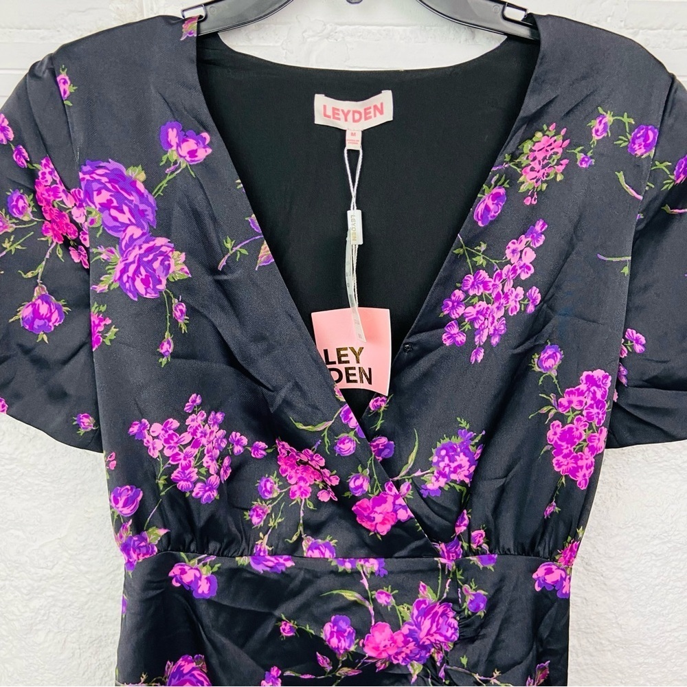 NWT LEYDEN black & purple silky satin floral mini dress size medium - Picture 15 of 17